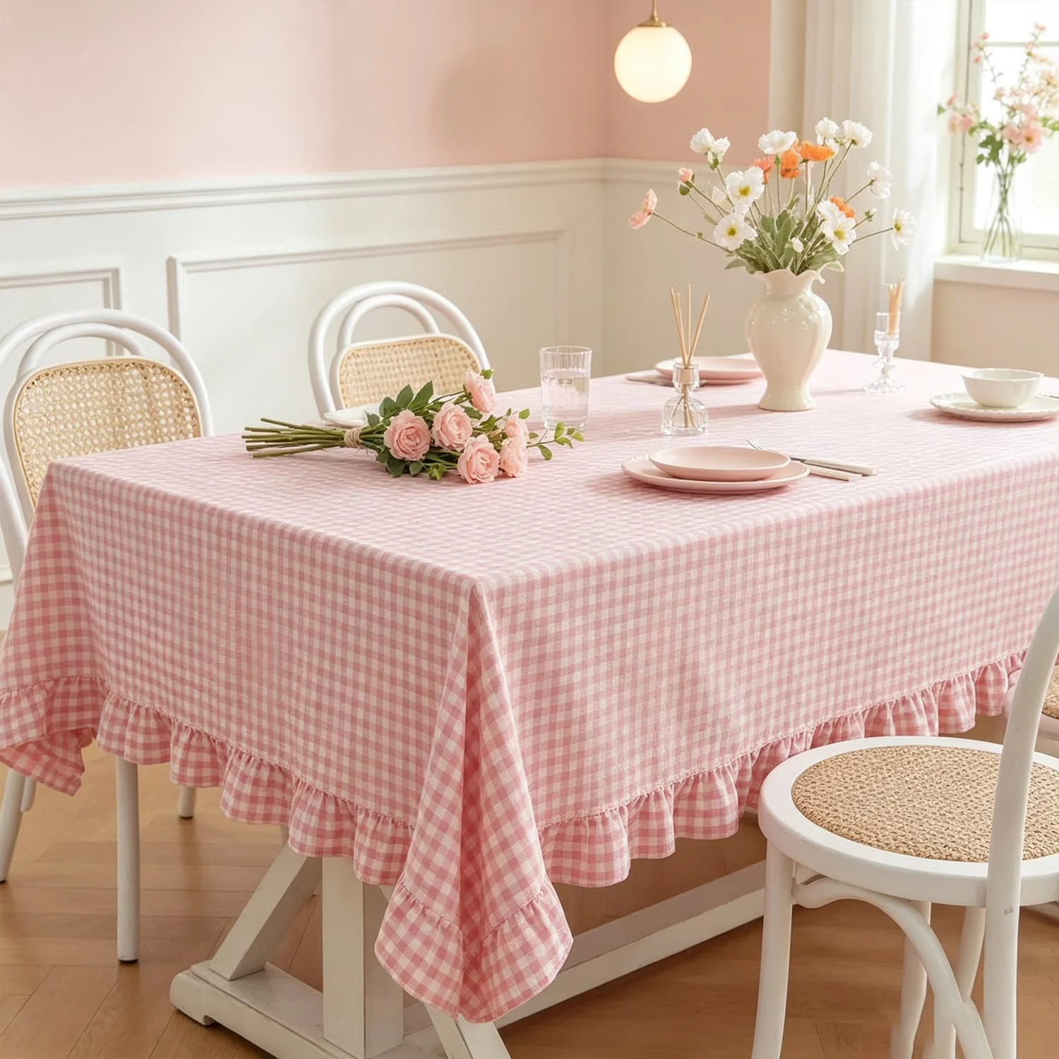 French Cottagecore Pink Checkered Ruffle Table Runner, Washable Soft Romantic Tablecloth for Party Cafe Kitchen Wedding Table