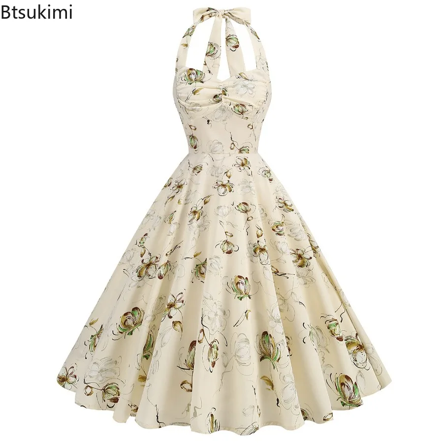 Nouveau 2025 femmes Vintage licou robe Rose fleur damier élégant balançoire robe Rockabilly Cocktail thé robe de soirée pour les femmes