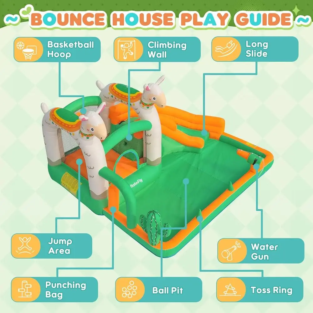 子供用滑り台付きバウンスハウス – ラマをテーマにしたウォーターバウンスハウス、クライミングウォール、スプラッシュプール、ボールピット付き – 水遊びと陸上遊び両用