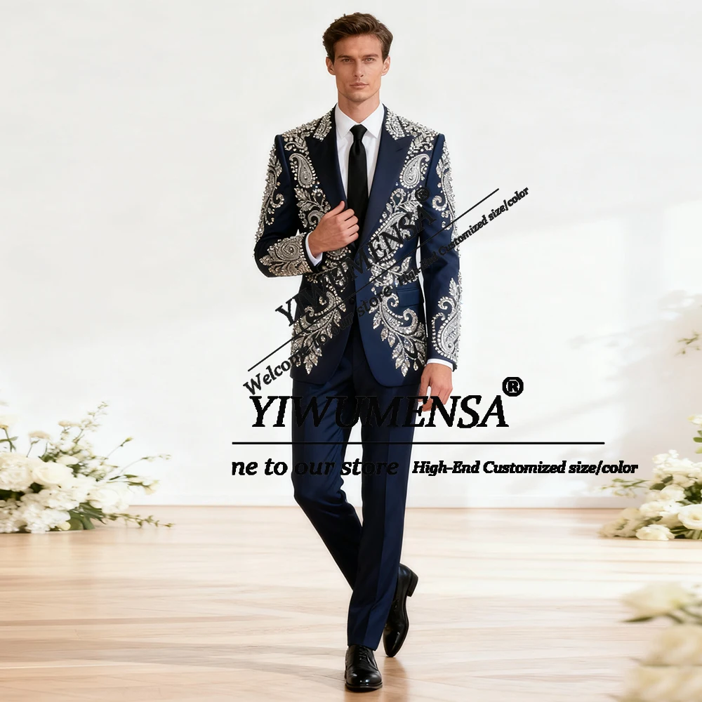 

Роскошный костюм со стразами и бриллиантами для свадьбы, пиджак с остроконечными лацканами для выпускного вечера, индивидуальные комплекты из 2 предметов, мужские смокинги для банкета и жениха