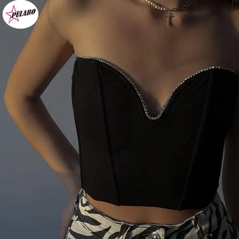 PULABO Y2K Sleeveless Vintage Bustier Corset Tops Women Night Club Sexy Backless Off Shoulder Diamonds Black Tube Crop Tops