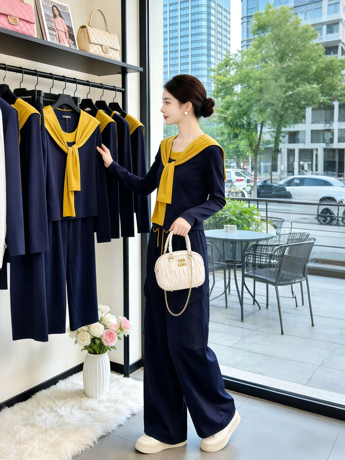 

Spring 2026 Women's Fashion Set with Shawl Color Block Long Sleeve Top Drawstring Wide Leg Pants Commute Style mid Weight