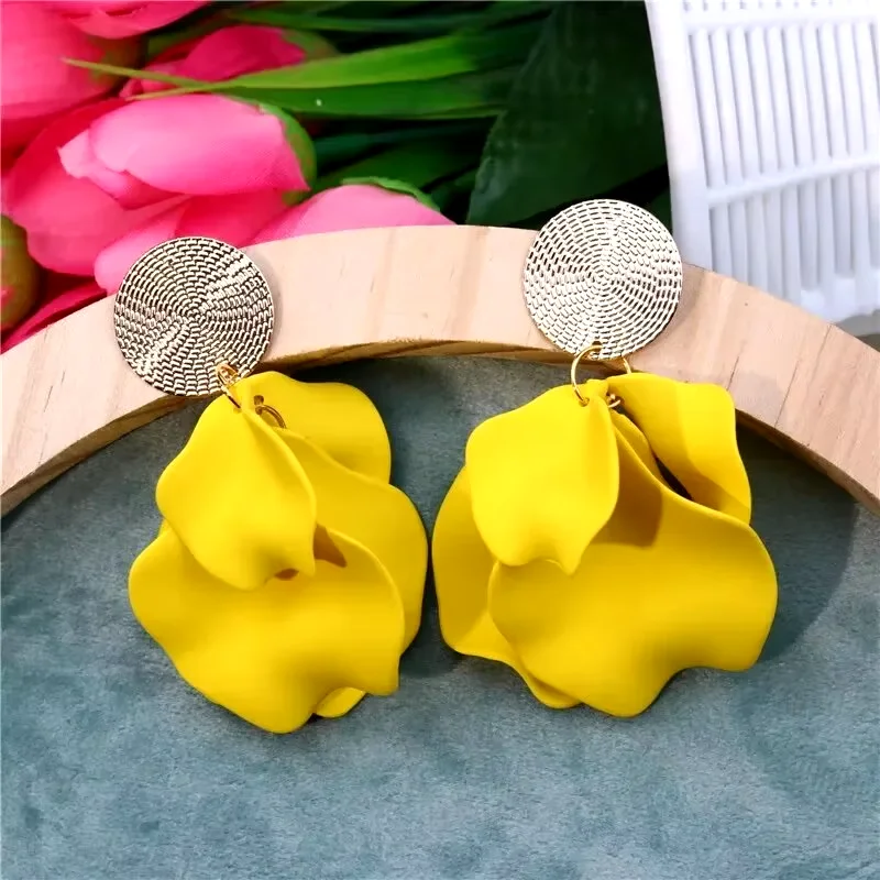 Neon Fuchsia Plastic Petal Drop Earrings Women Colorful Petal Gold Color Disc Drop Earrings Green Pink Carol Color Girl Earring image 3