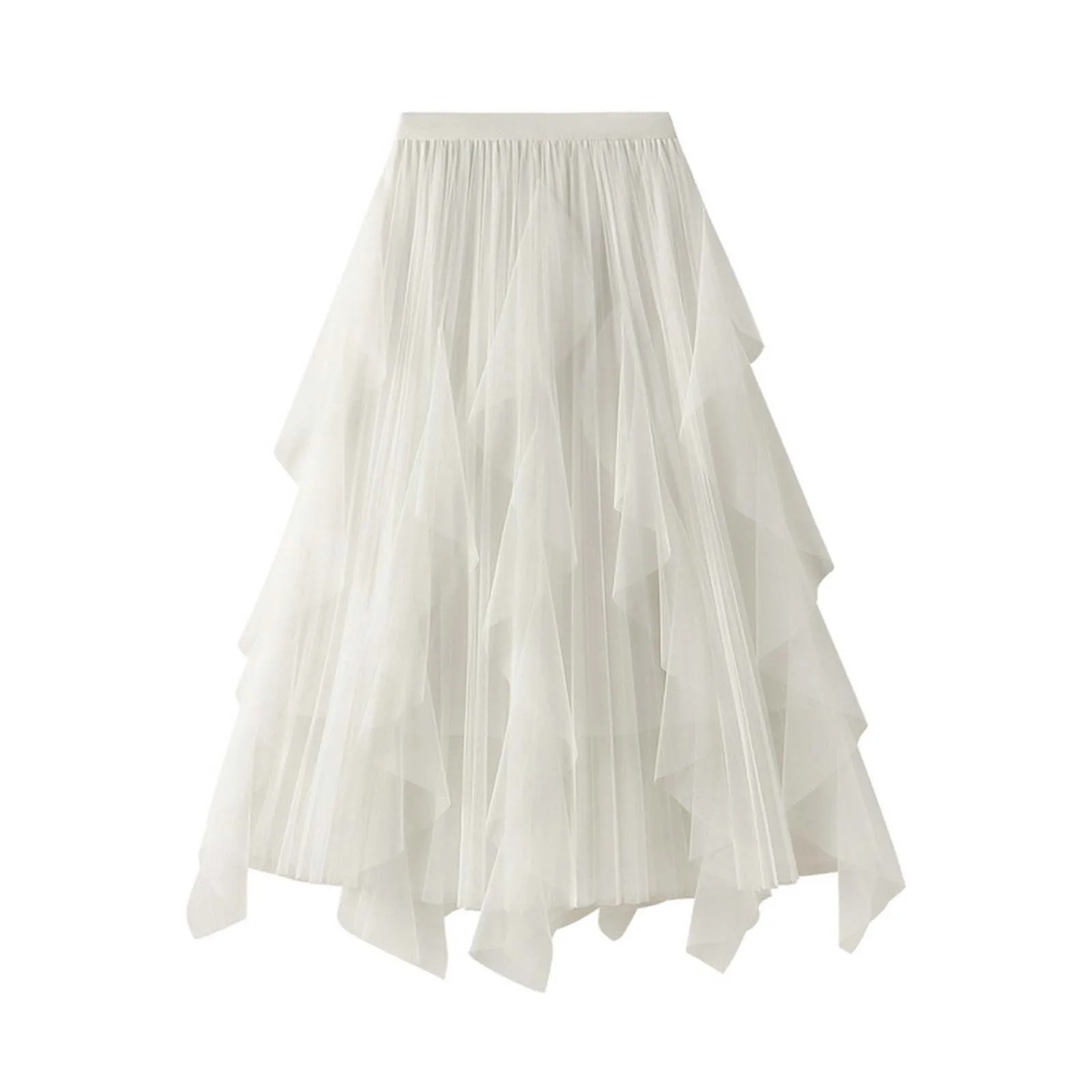 Dames Rokken 2024 Zomer Hoge Taille Ruches Mesh Lange Tule Onregelmatige Zoom Mesh Tutu Rok Dame Elegante Effen Feestjurk Jurk