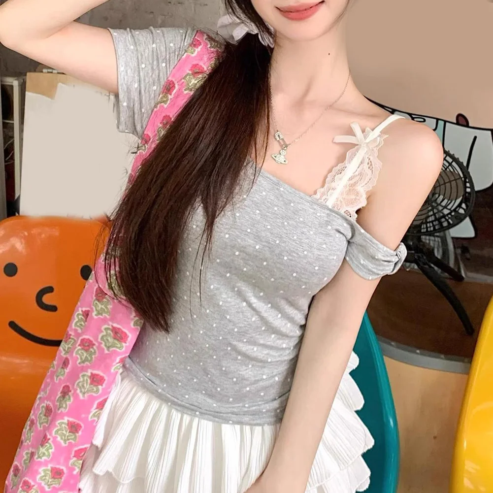 Summer Dot Lace Off Shoulder T-Shirt for Women Featuring Short Sleeves and Slim Cut Retro-Inspired Casual Top for Warm Weather