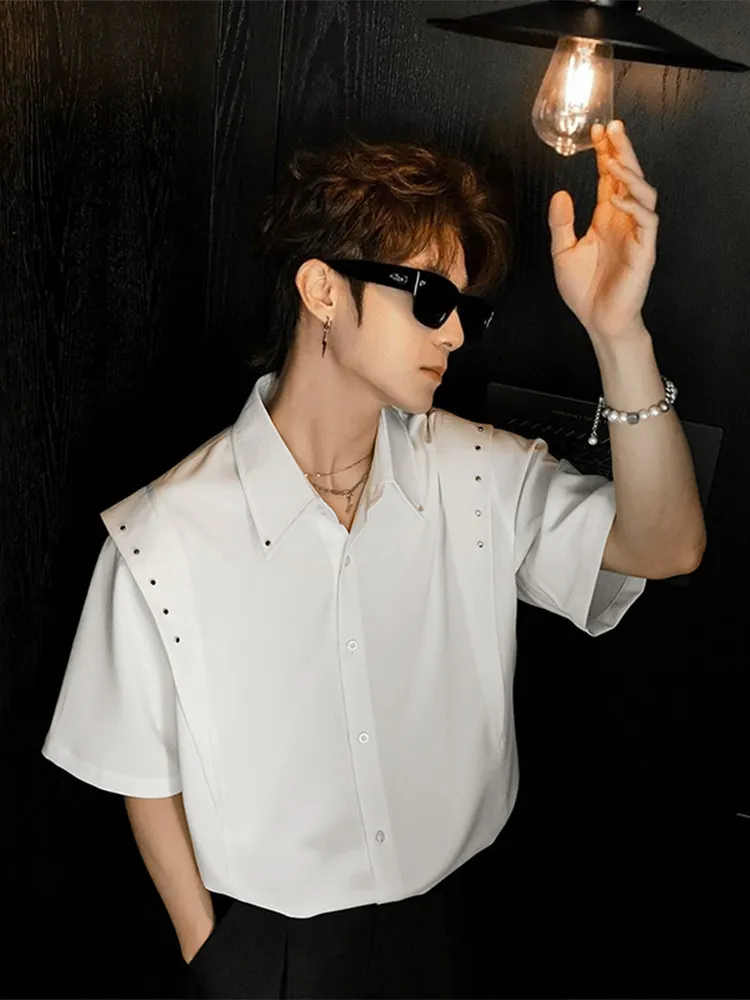Trendy Cool Touch Ice Silk Short Sleeve Shirt for Men Summer Rivet Decor Dropped Shoulder Loose Casual Button Down Shirt Top
