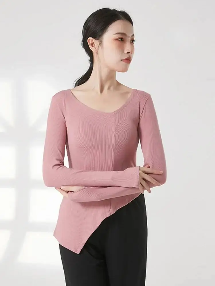 Einfarbiges, langärmliges, modernes Tanzoberteil mit V-Ausschnitt für Damen, dehnbares, schmal geschnittenes, zeitgenössisches Übungskostüm-Jazz-Shirt