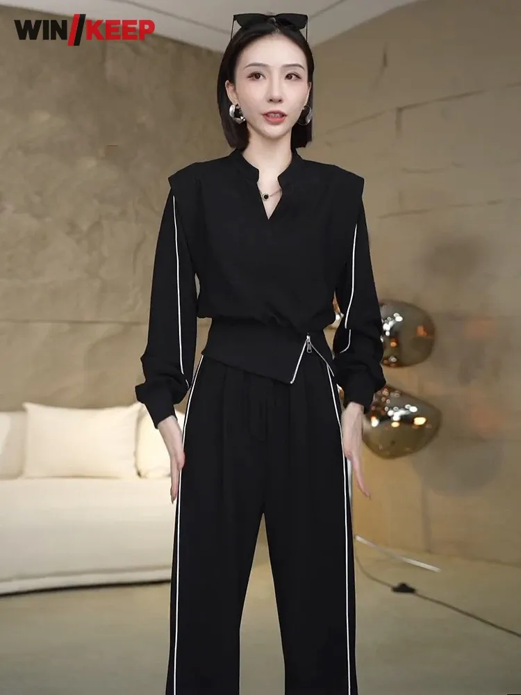 New Spring Autumn Black Tracksuit Women Long Sleeve Pullover Tops High Waist Straight Pants Female Running Sport Two Piece Set