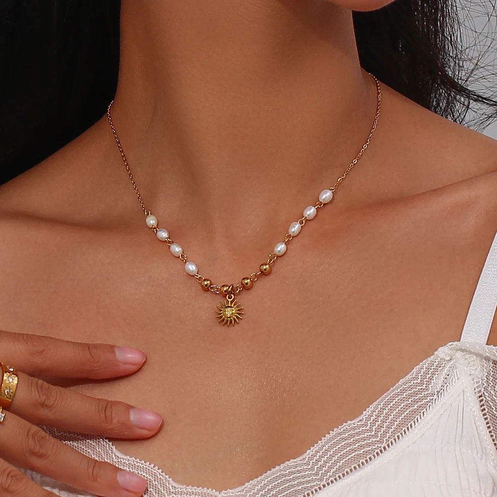 E.B.belle Freshwater Pearl Gold Color Beads Chain Stainless Steel Necklace Optimistic Sun Pendant Necklace For Woman Gift