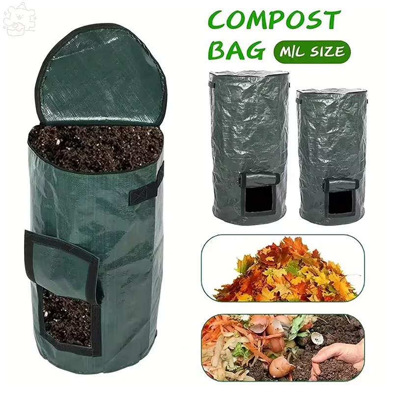 Outdoor Compost Box with Zipper and Double Handles Reusable Yard Garbage Bag 35x60cm&45x80cm