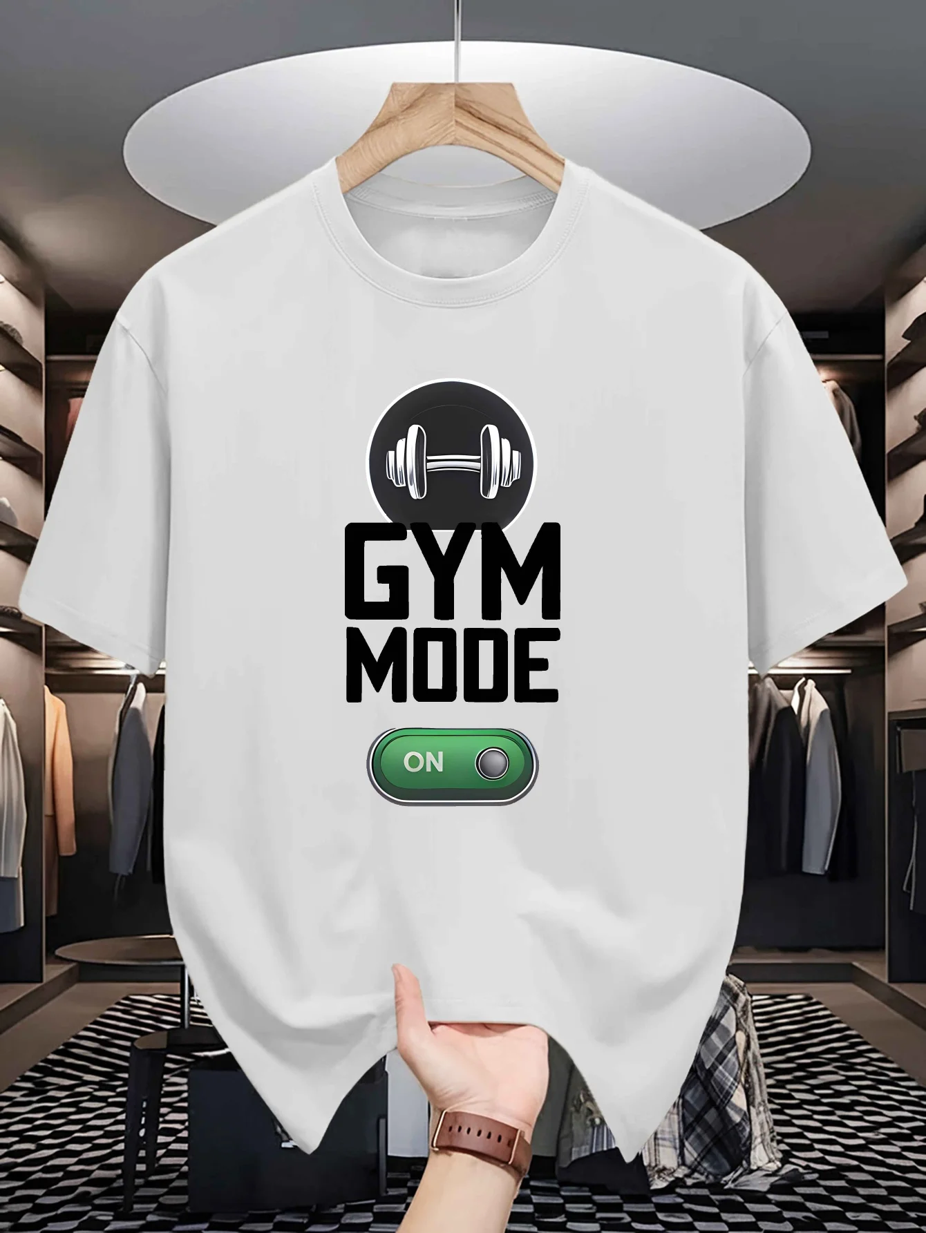 Gym Mode On Dumbbell Graphic Mens Crew Neck T Shirt Fitness Toggle Switch Print Short Sleeve Casual Cotton Daily Tops