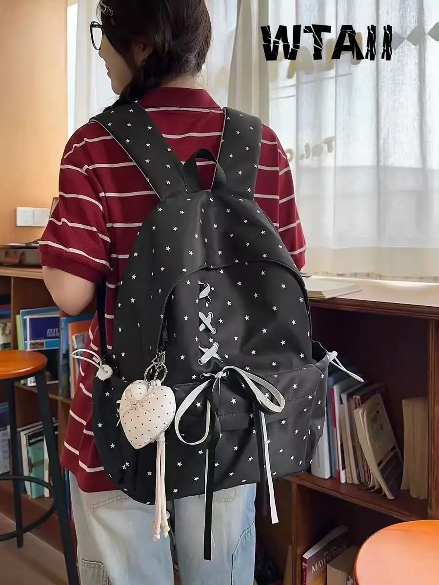 Korean Fashion Lace Up Bow Star Aesthetic Backpack Women Autumn New Preppy Style Student Large Capacity School Backpack Y2k Bag