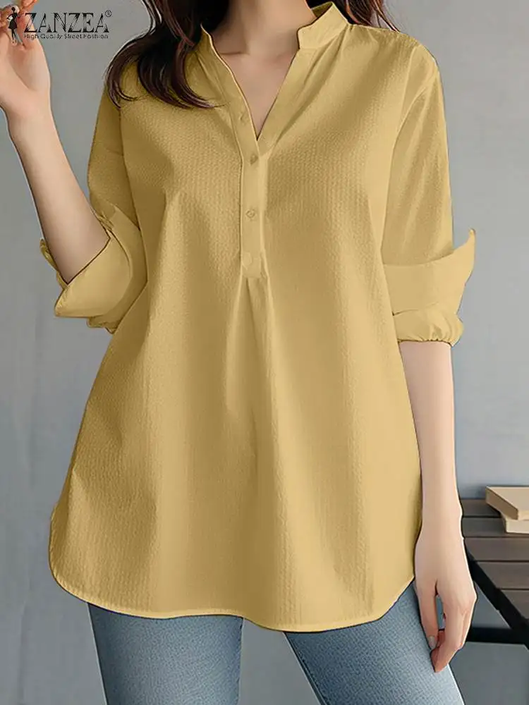 ZANZEA Women Fashion Whiter Shirts Casual Loose Button Down Blusas 2024 Summer Office Blouse Korean OL V-neck Long Sleeve Tunics