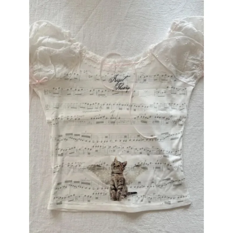 

Kawaii Cat Lace Tops&Tees Top Girl Music Symbol Print Letter Y2K Japan Korea Sweet Harajuku Lace Splicing Strap Top Vest Tee New