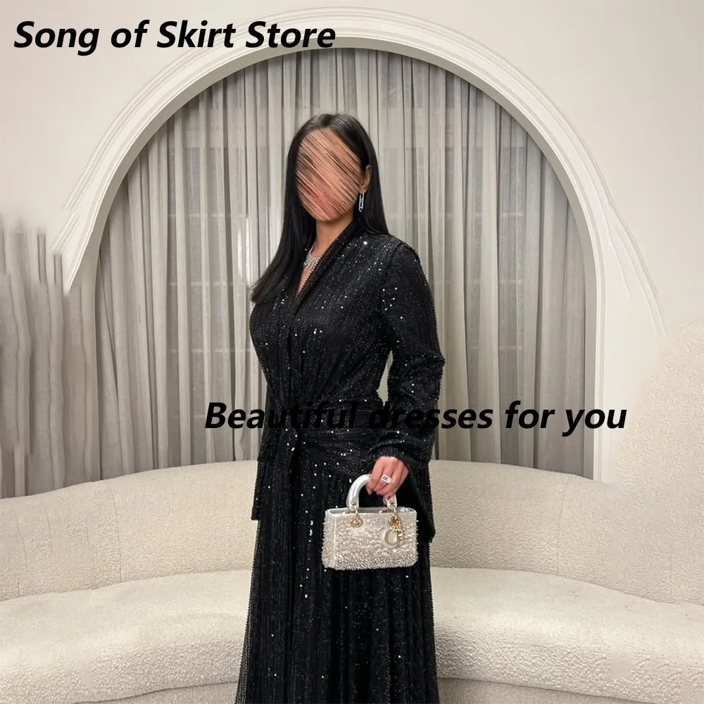 Luxury Beading Sequins Evening Dress Customized V-Neck Long Sleeves Pleat A Line Floor Length Black Formal Party Dresses image 3
