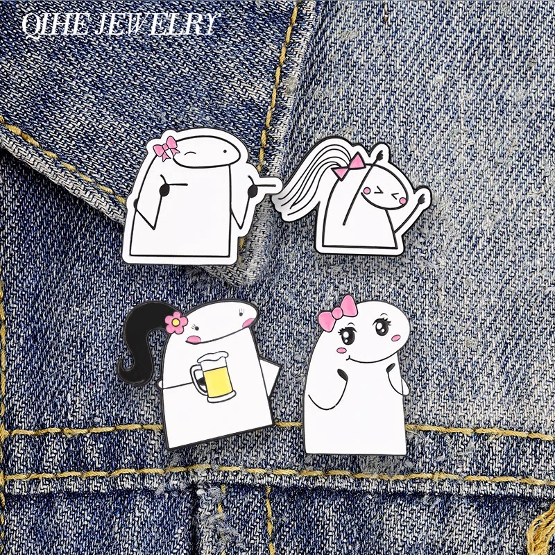 Divertido Pin Esmaltado de Meme Flork con Lazo Rosa, Lindas Expresiones Alegres, Broche de Meme Flork de Chica Bebiendo Cerveza, Insignia para Ropa y Bolsos, Joyería, Regalo