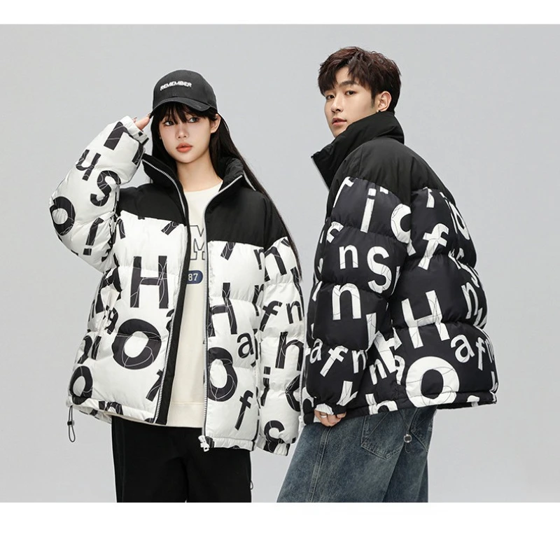 

Winter Jacket Men Puffer Korean Version Contrasting Colors Stand Collar Letter Printing Thicken Keep Warm Cotton Clothes Coat