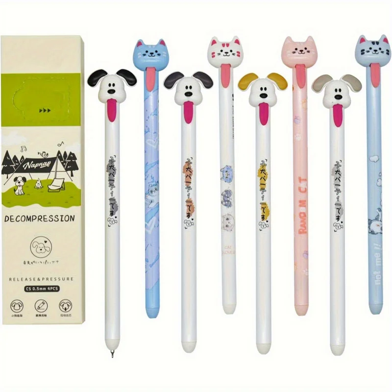 4 Pcs Cute Cat & Dog Tongue Ballpoint Pen  , Creative Animal Designs, Stress Reducing Functions, Must Have for Pet Lovers