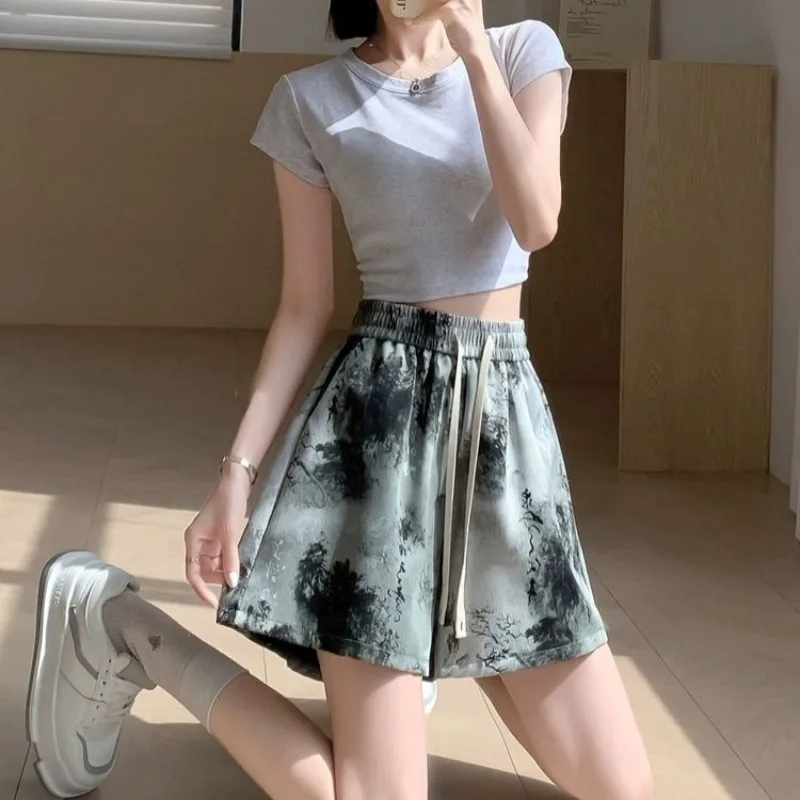 Tie Dye Shorts for Women High Waist Baggy Woman Short Pants Elastic Elasticty Casual Normal Y2k Vintage Summer Harajuku Fashion