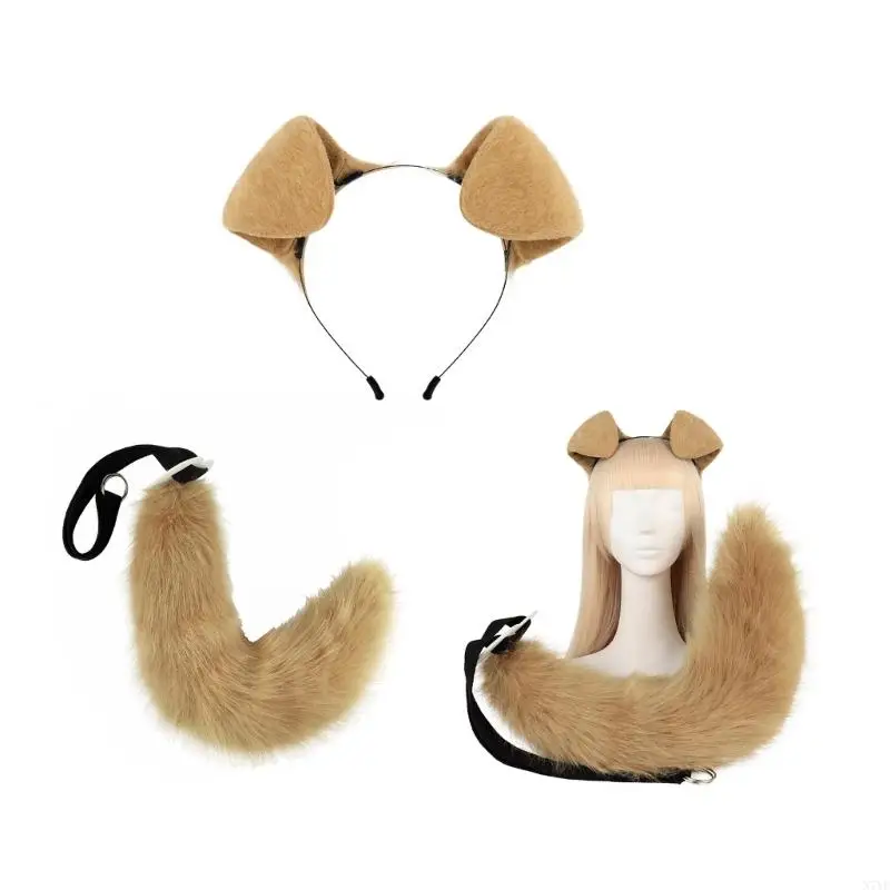 

N7YF Dog Ears Headband and Faux Fur Tail for Halloween Cosplay Party Costume Accessories Props Plush Dog Ears Tail Set