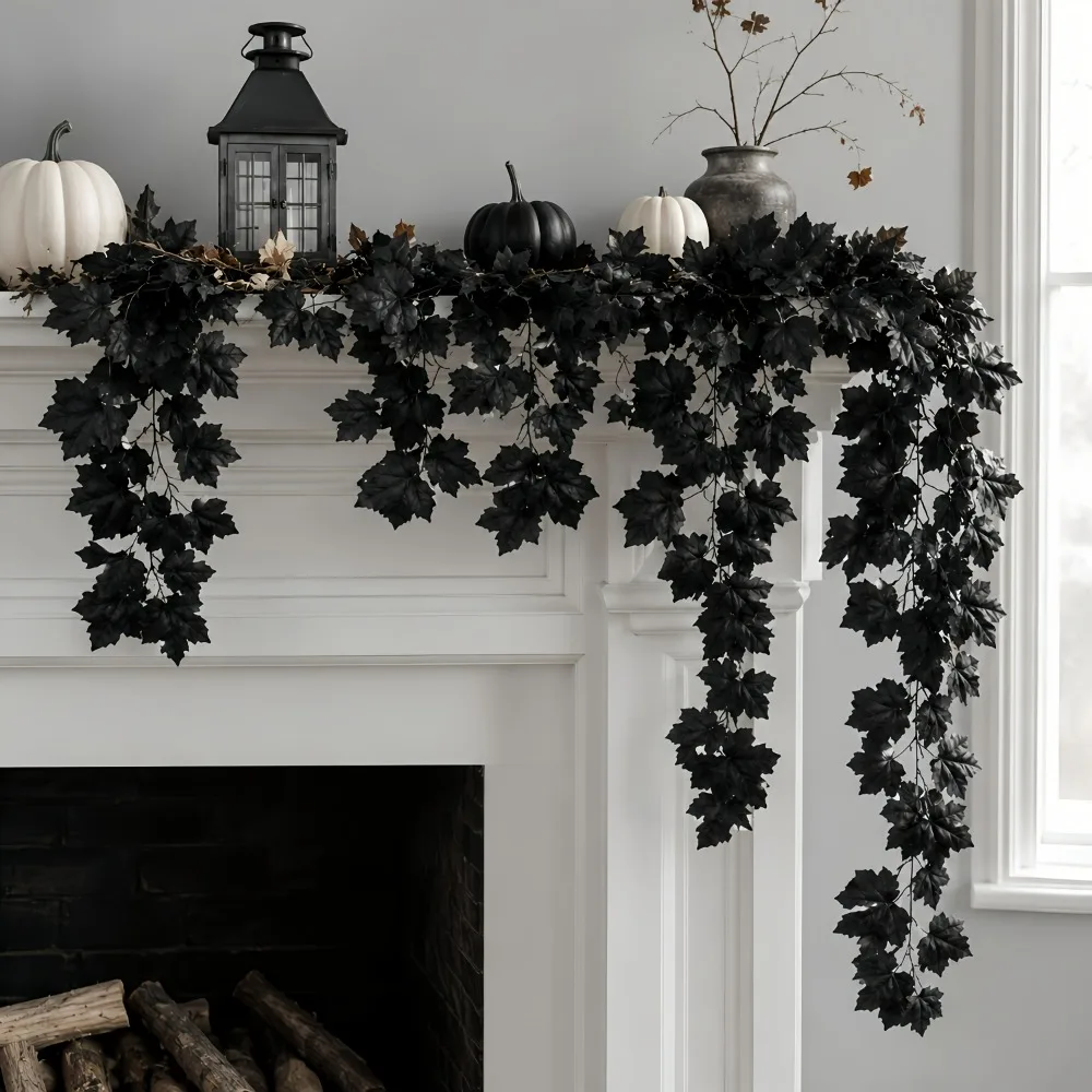 4pcs Midnight Black Maple Decorative Vines Total Length 118.11 Inches Artificial Maple Leaf Wreath Black Outdoor Fake Greenery