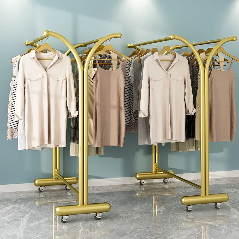 Simple clothing store double row hanger girls' clothing double pole floor display rack middle side hanger moving belt wheel