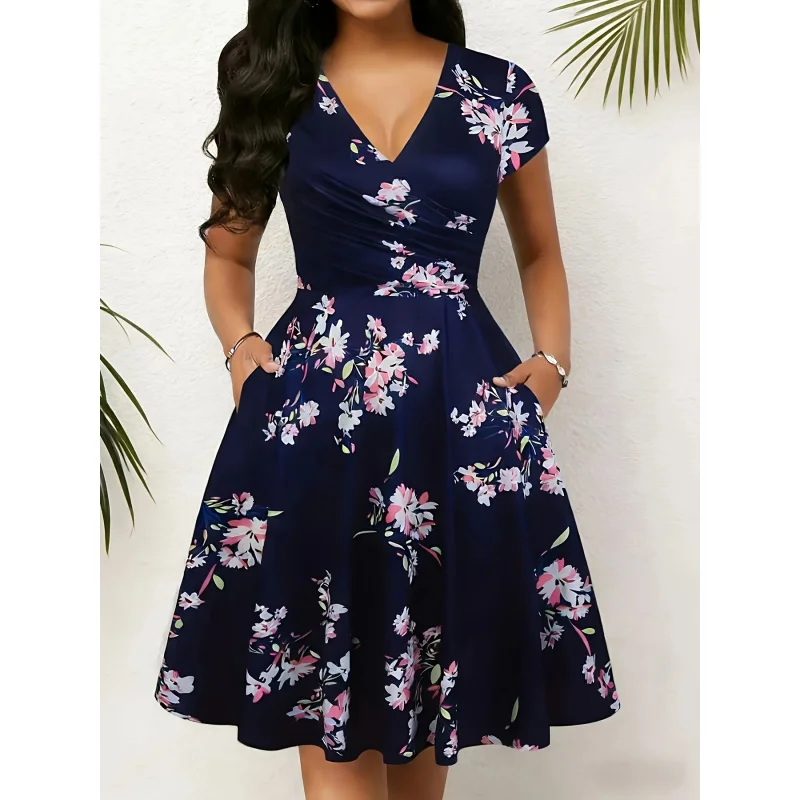 Spring Summer Fall Elegant Floral Print V-Neck Midi Pocket Dress