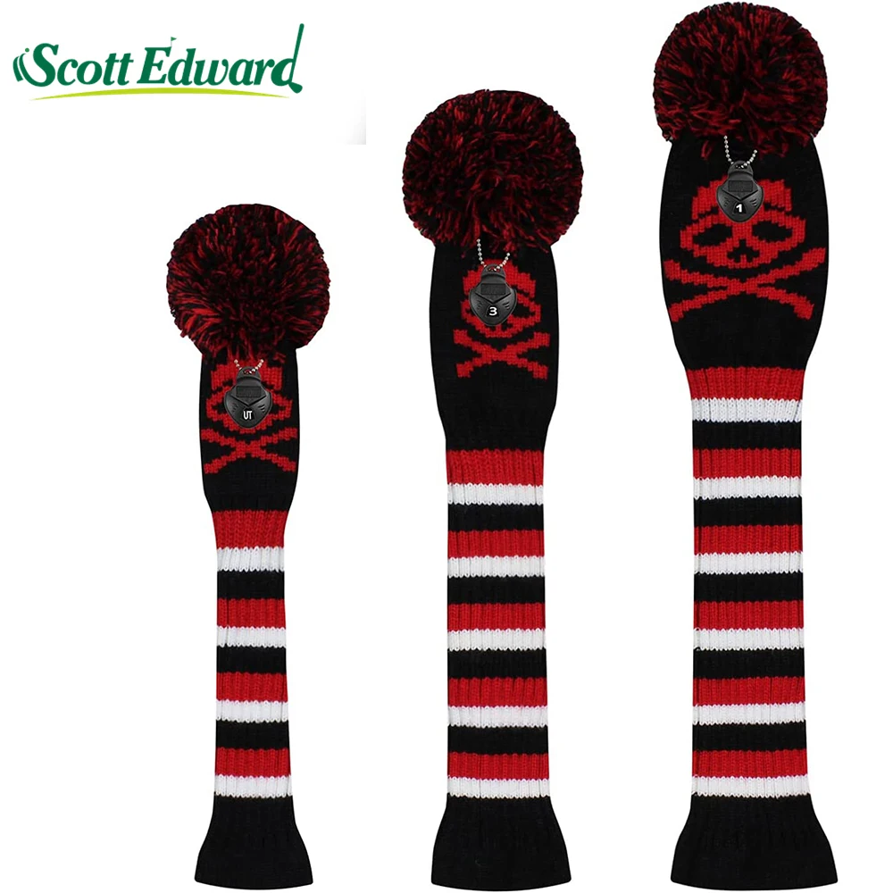 3pcs/set Golf Knit Headcover Skull Golf Protector For Driver(460cc) Fairway and Hybrid(UT) or only Gift Box
