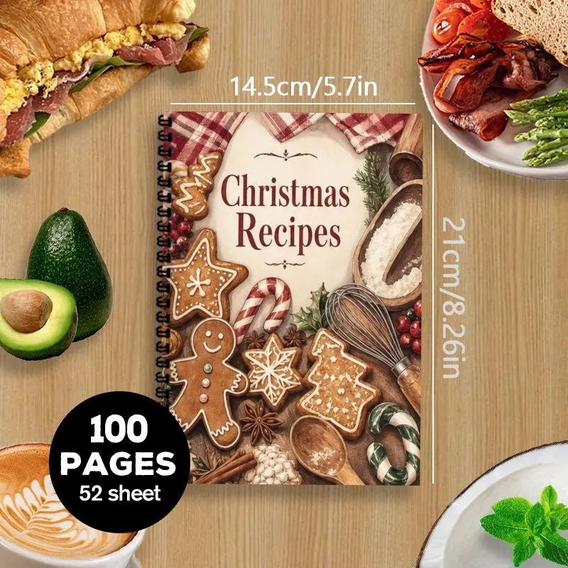 A5 Spiral Bound  Christmas Baking Cookbook,Gingerbread Baking Elements Themed Recipe Organizer Journal, Ideal Christmas Gift
