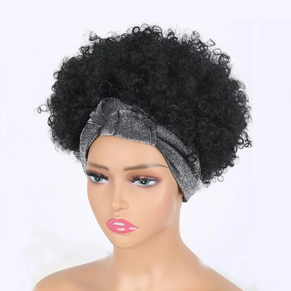 Short Ombre Headband Wig Kinky Curly Headband Wig with Bangs for Women Synthetic Afro Curly Wig with Headband Attached Blonde Ki