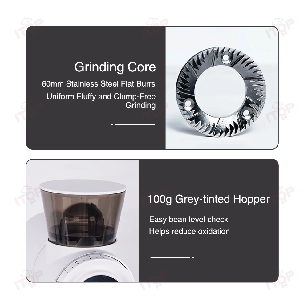 ITOP CG-13 مطحنة القهوة 60 مم لدغ مسطح 14 إعدادات طحن عرض الجرعات الوقت 300 وات محرك 110 جرام قادوس الفول