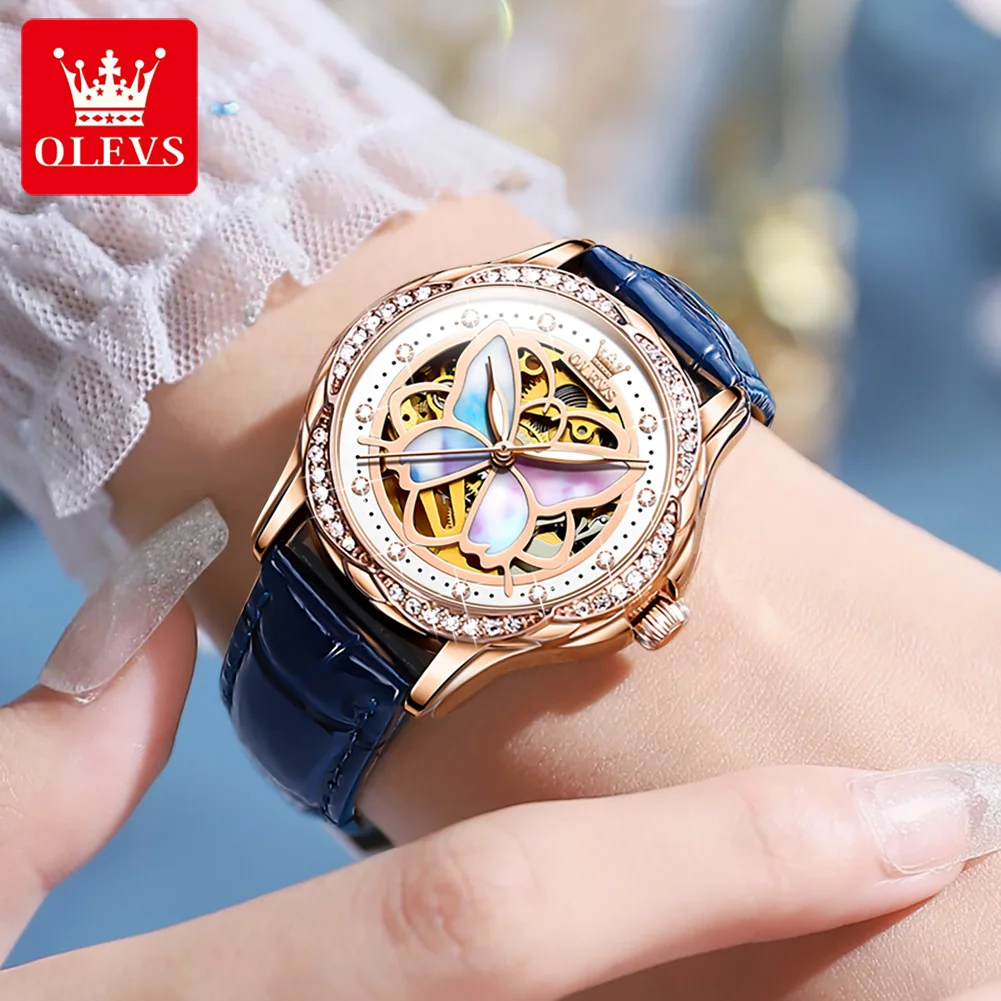 OLEVS Elegant Ladies Watches Ceramic Blue strap Original Wristwatch Skeleton Automatic Diamond Mechanical Watch for Women Set