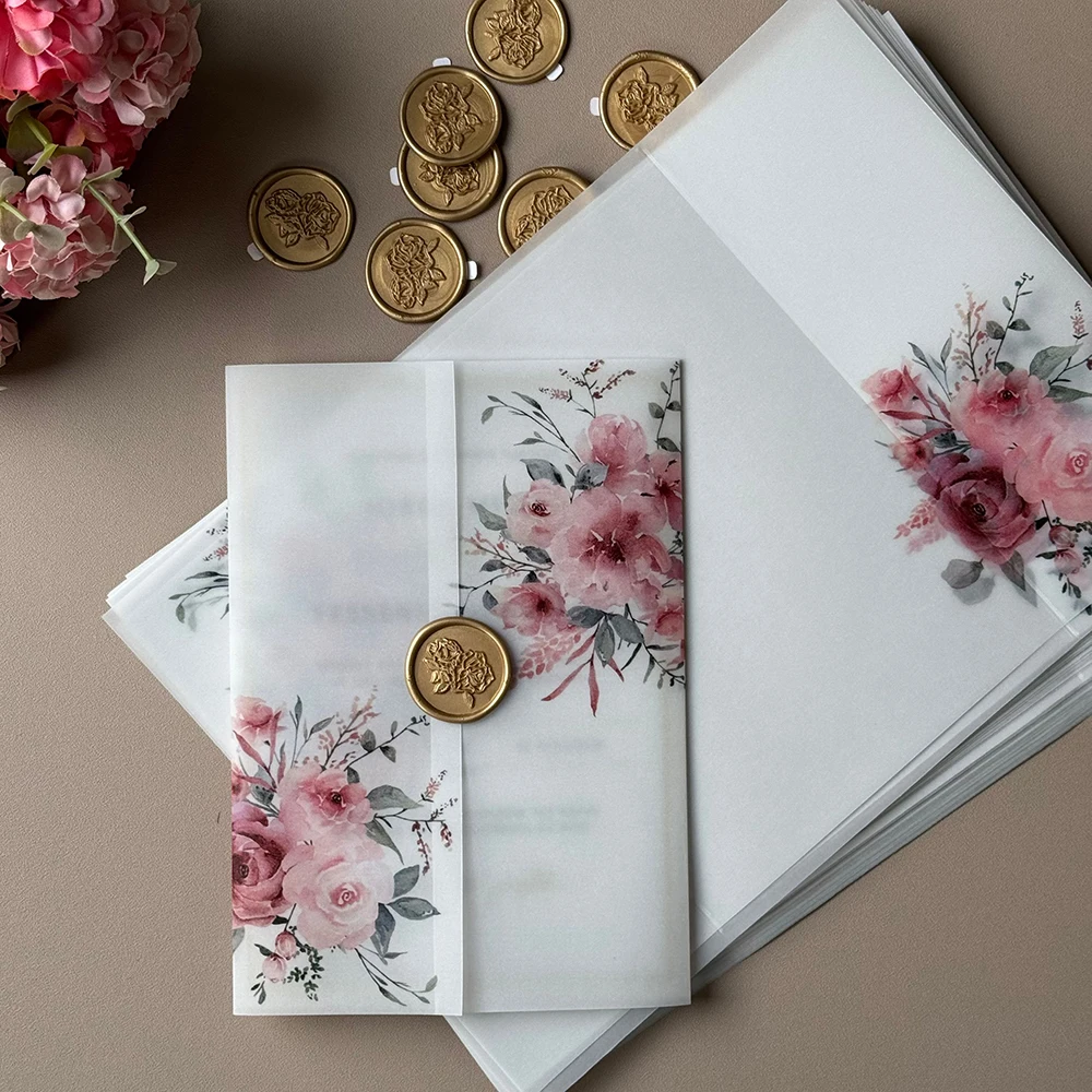 20 szt. Papier węglikowy w kwiaty akwarelowe, odpowiedni do zaproszeń ślubnych 5 x 7 cali, okładka węglikowa, zaproszenie na zamówienie — zdjęcie 3