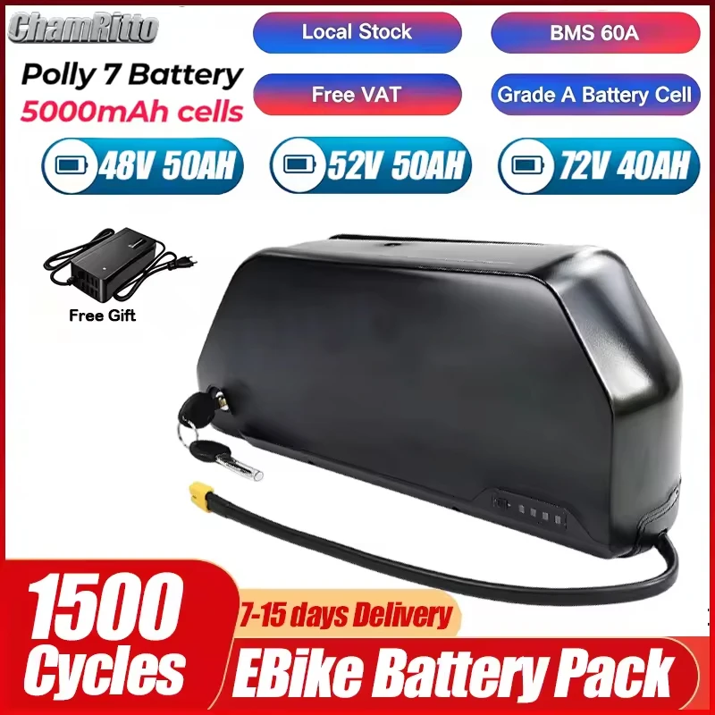Polly DP7 48V 52V 36 60 72V EBike Battery 25 40 50Ah 60Ah 30Ah 21700 Lithium Pack Downtube Battery for 500 1000 2000 3000W Motor