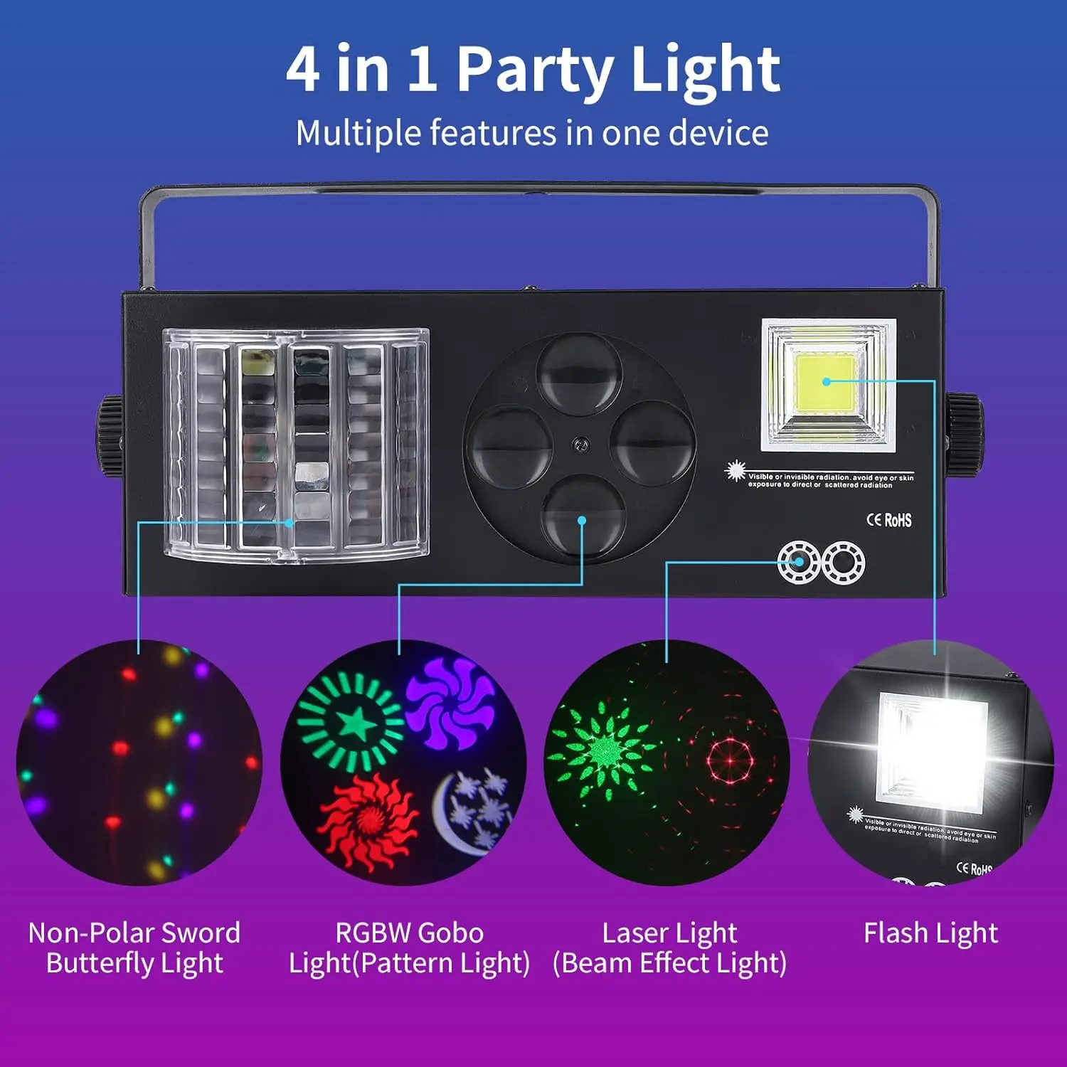 LED 4In1 Effect Stage Laser Projection Light with DMX Voice Controlled Strobe RGBW Gobo Beam Butterfly Lights For DJ Disco Party