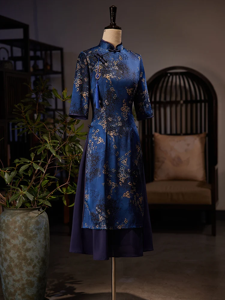 Improved Blue Cheongsam New Long Young High-End Temperament Daily Middle-Aged Dress