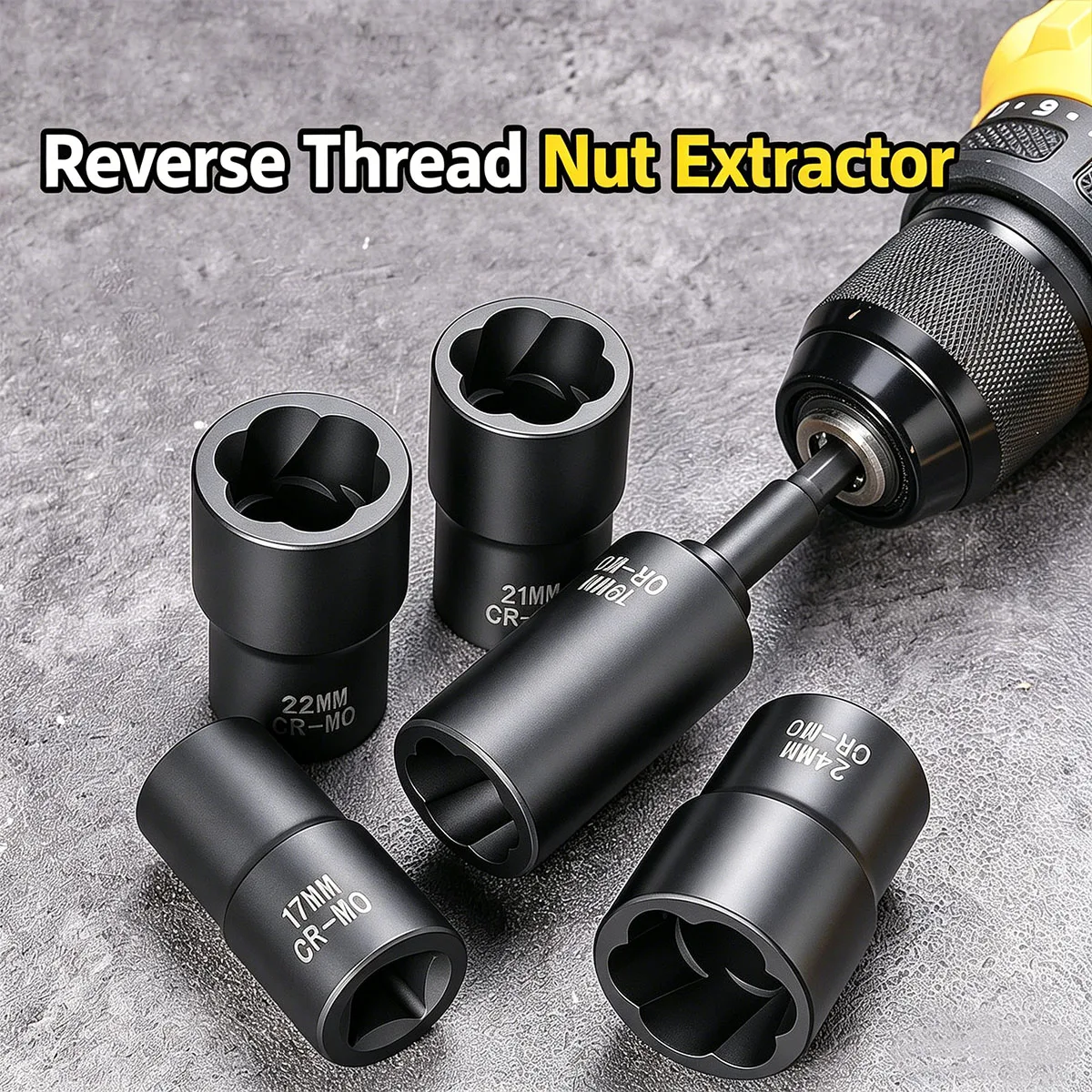 1/2 Interface Drive Twist Socket Set 17-24mm High Torque Lug Nut Remover Broken Bolt Extractor Impact Screw Extractor Tool