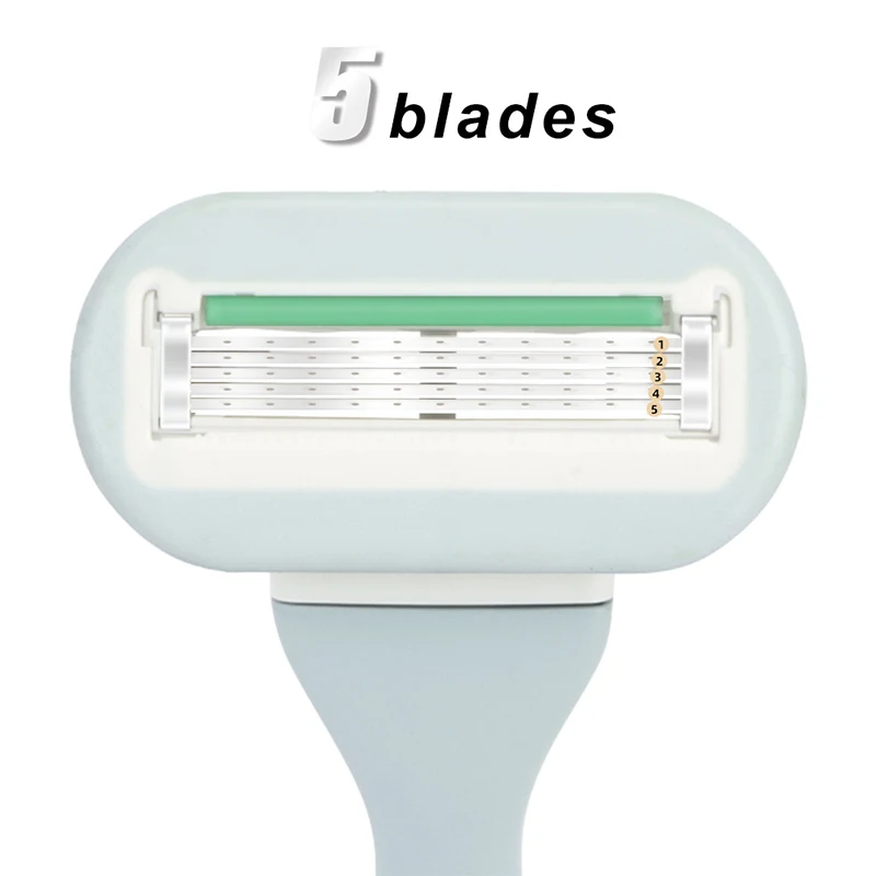 Safety Razor Hair Removal Tool Ladies Manual Shaving Knife Five-layer Cutter Head Can Be Replaced Pink Blue 1Handle 1Shaver Blad