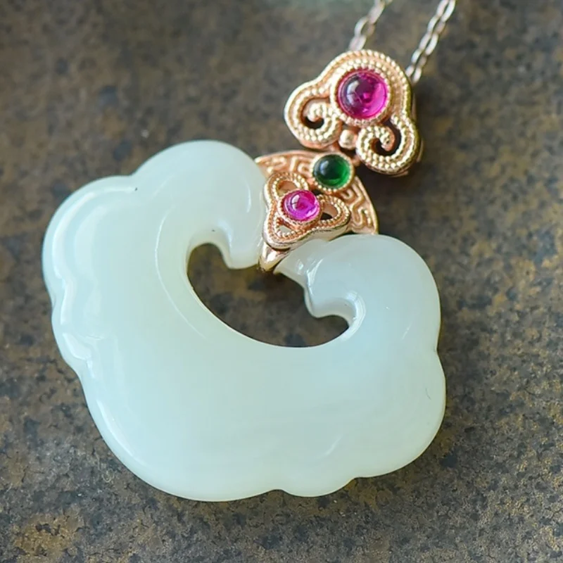 SGARIT Authentic Jadeite Hetian Jade S925 Silver 28*32mm Ruyi Pendant Fashion Simple Fine Jade Texture Colorful Bead Accents