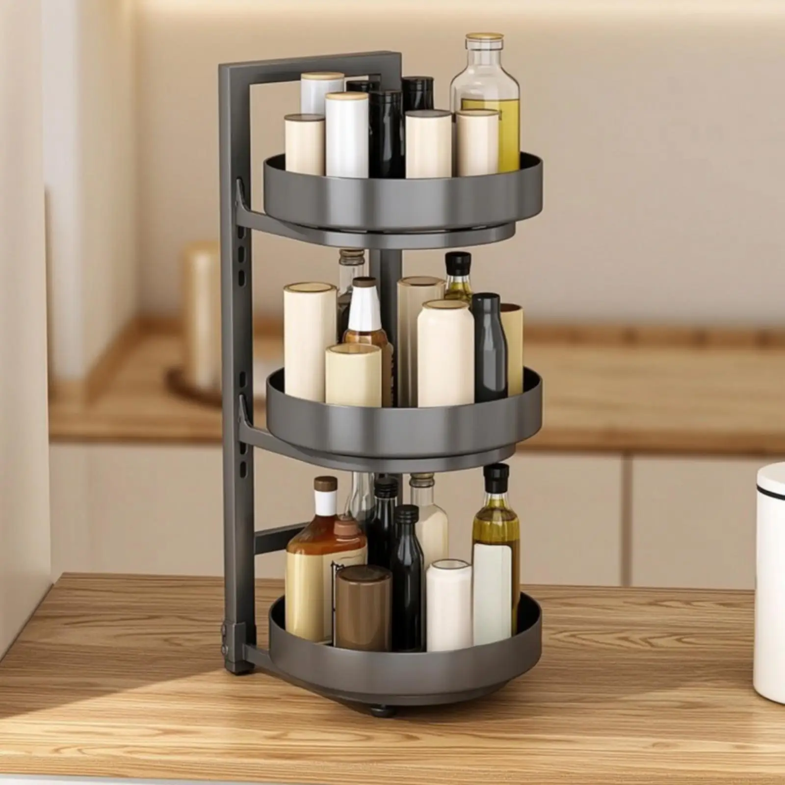 Rotating Spice Rack Carbon Steel Revolving Kitchen Spice Holder Adjustable Spacing for Jars and Bottles