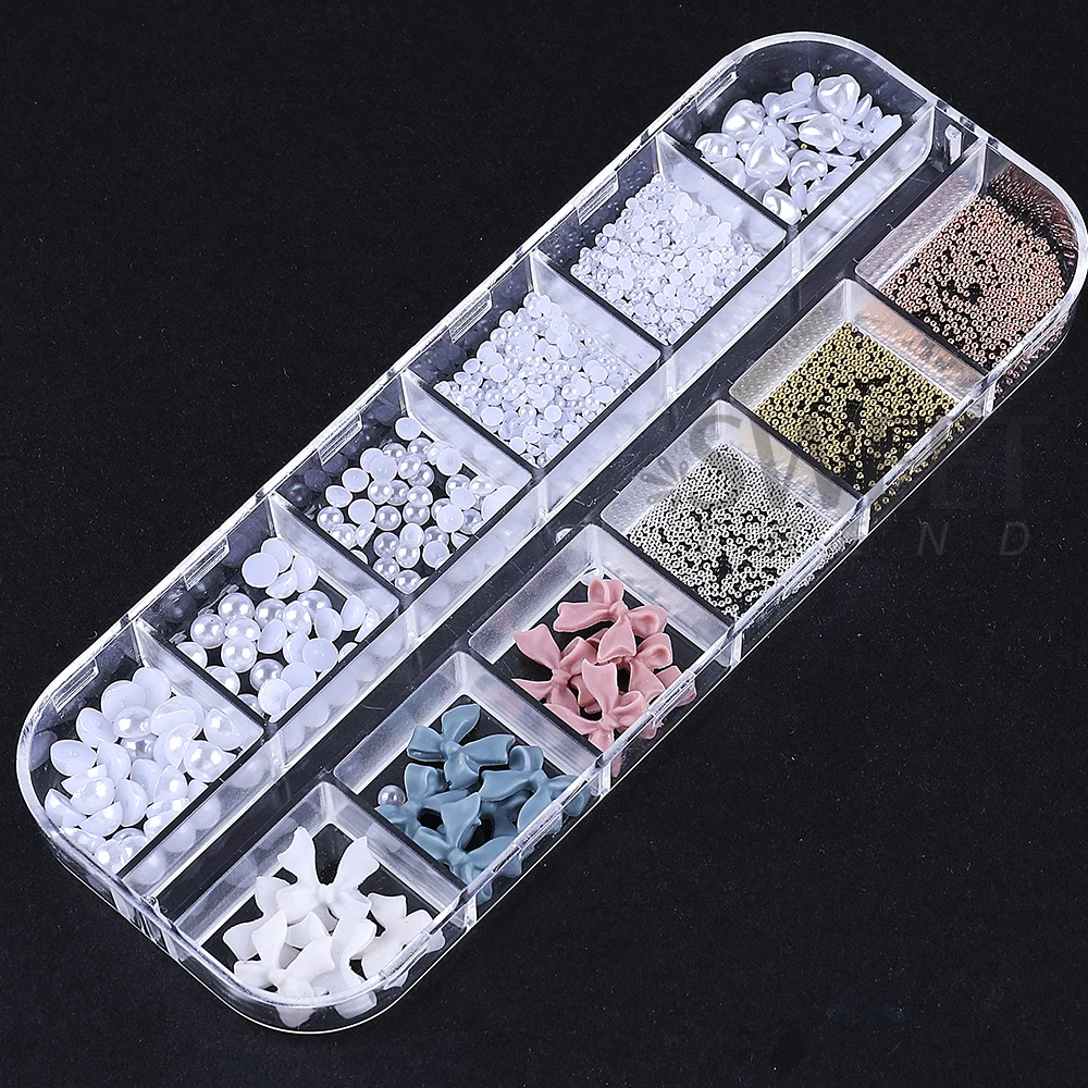 12Grids Bow 3D Nail Art Decorations White Pearls Nail Charms Designs DIY Pink Bowknot Steel ball Nail Parts Manicure Accessorie