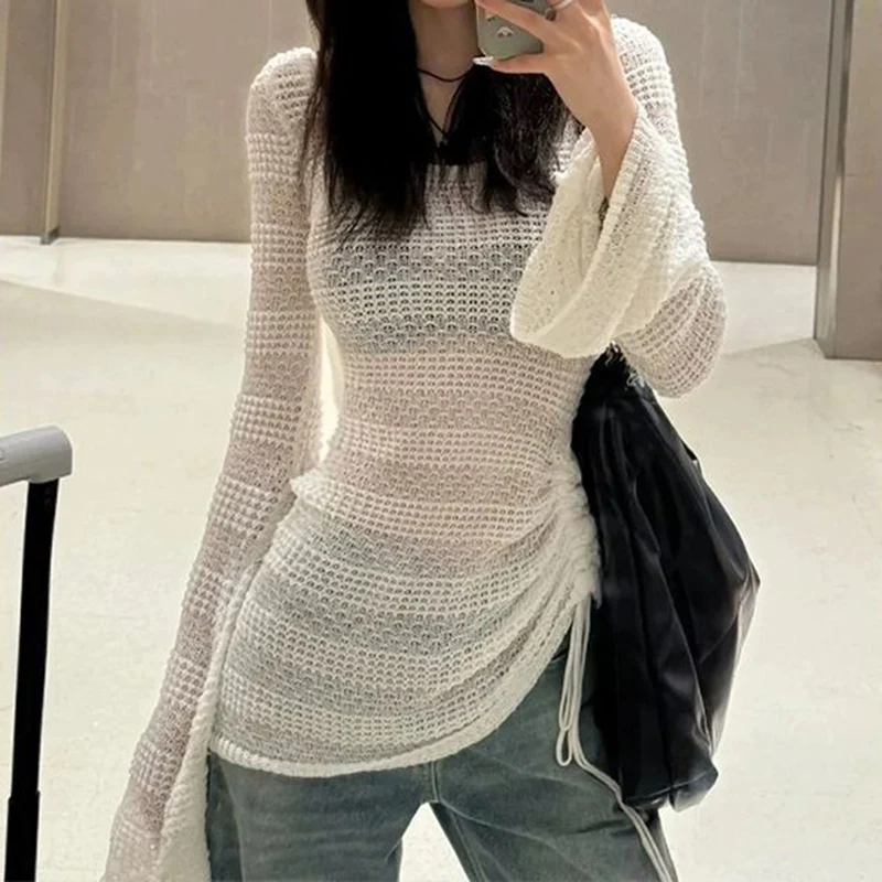 Rimocy Bell-Bottomed Sleeve White Sweater Women Hollow Out Drawstring Sun Protection Top Woman Long Sleeve Y2K Jumpers Female