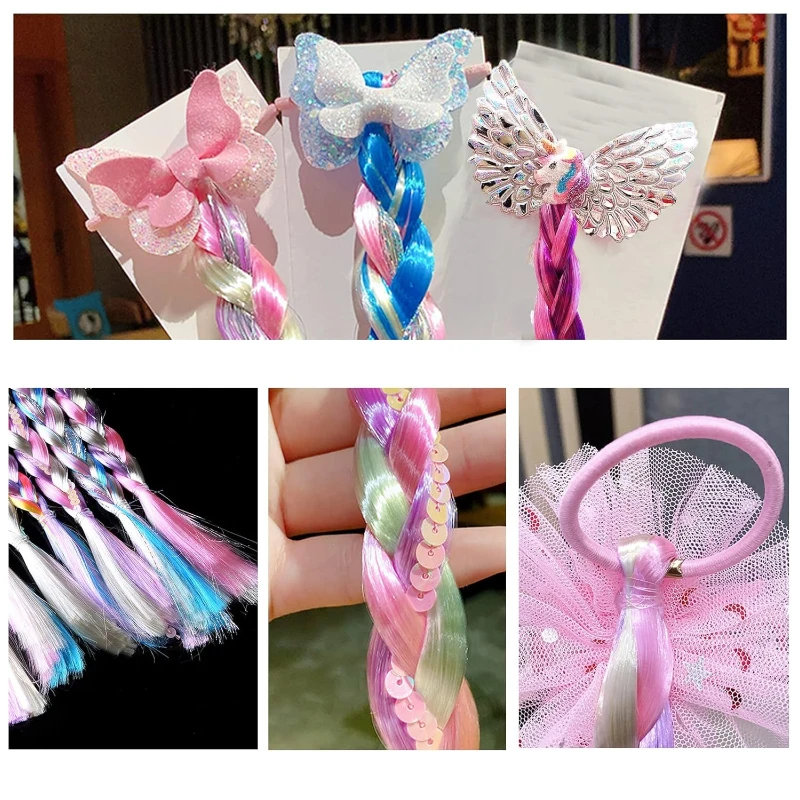 Peluca de Color de unicornio de dibujos animados para niños, tocado para niñas, cuerda trenzada para el cabello, cola de caballo de princesa personalizada, accesorios para el cabello