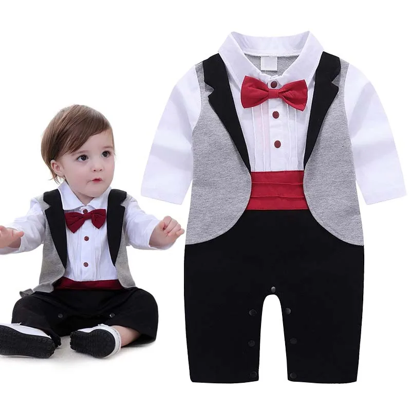 Clothes Baby Boy 3-6 9M Autumn England Plaid Tuxedo Bow Tie Baptism Romper Newborn Boys Gentleman Jumpsuit Infant Party Clothing