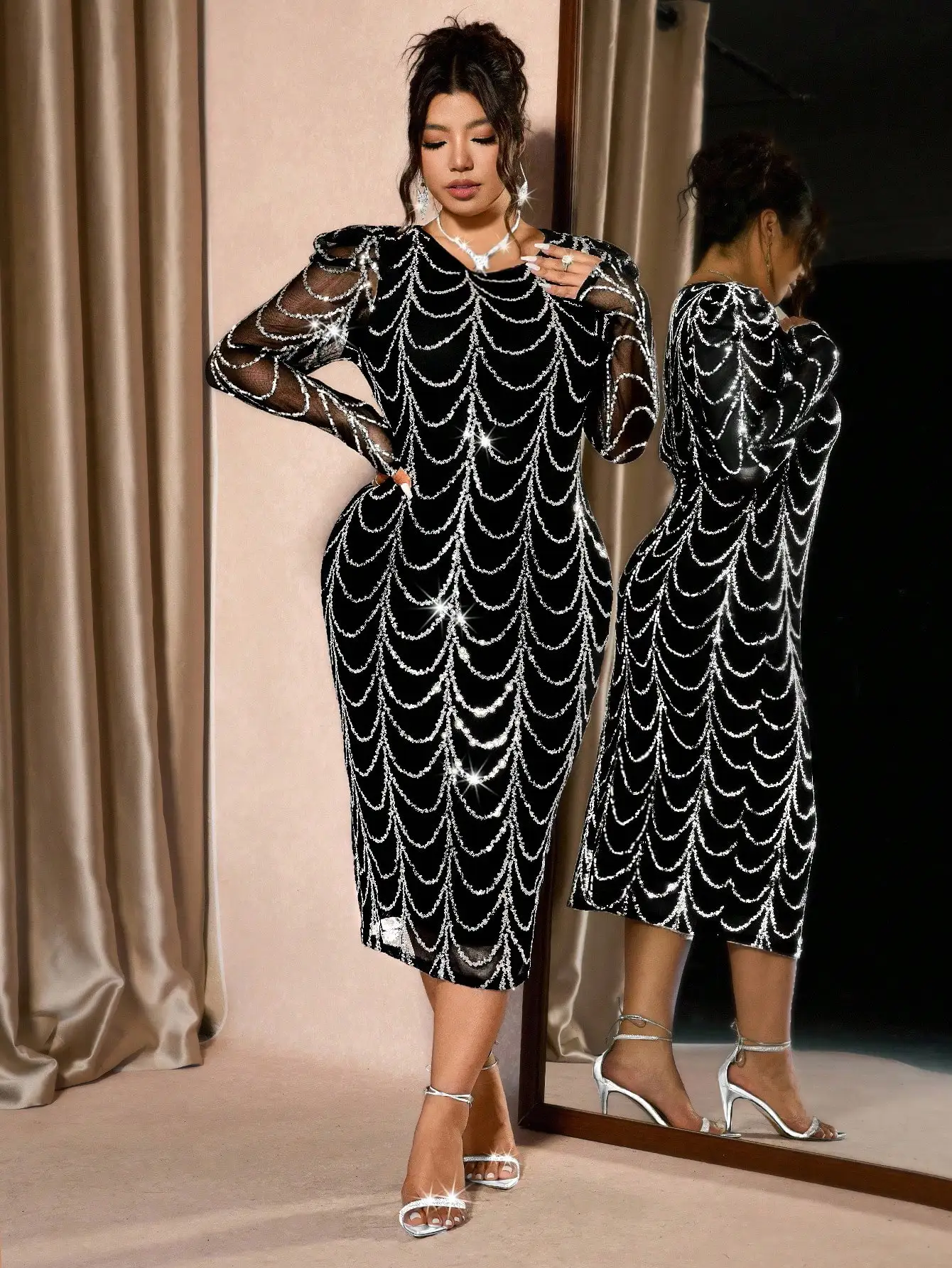 

Вечернее платье больших размеров для женщин с круглым вырезом, прозрачными длинными рукавами и пайетками