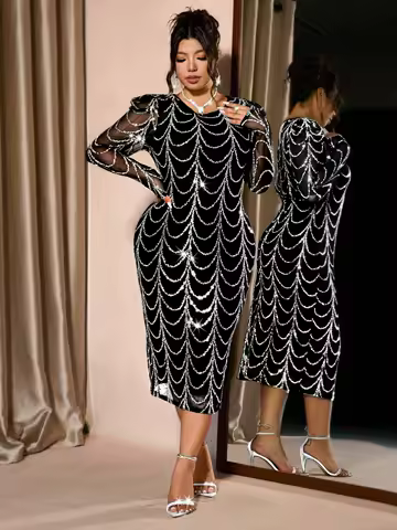 Plus Size Women Round Neck Sheer Long Sleeve Sequined Evening Dress