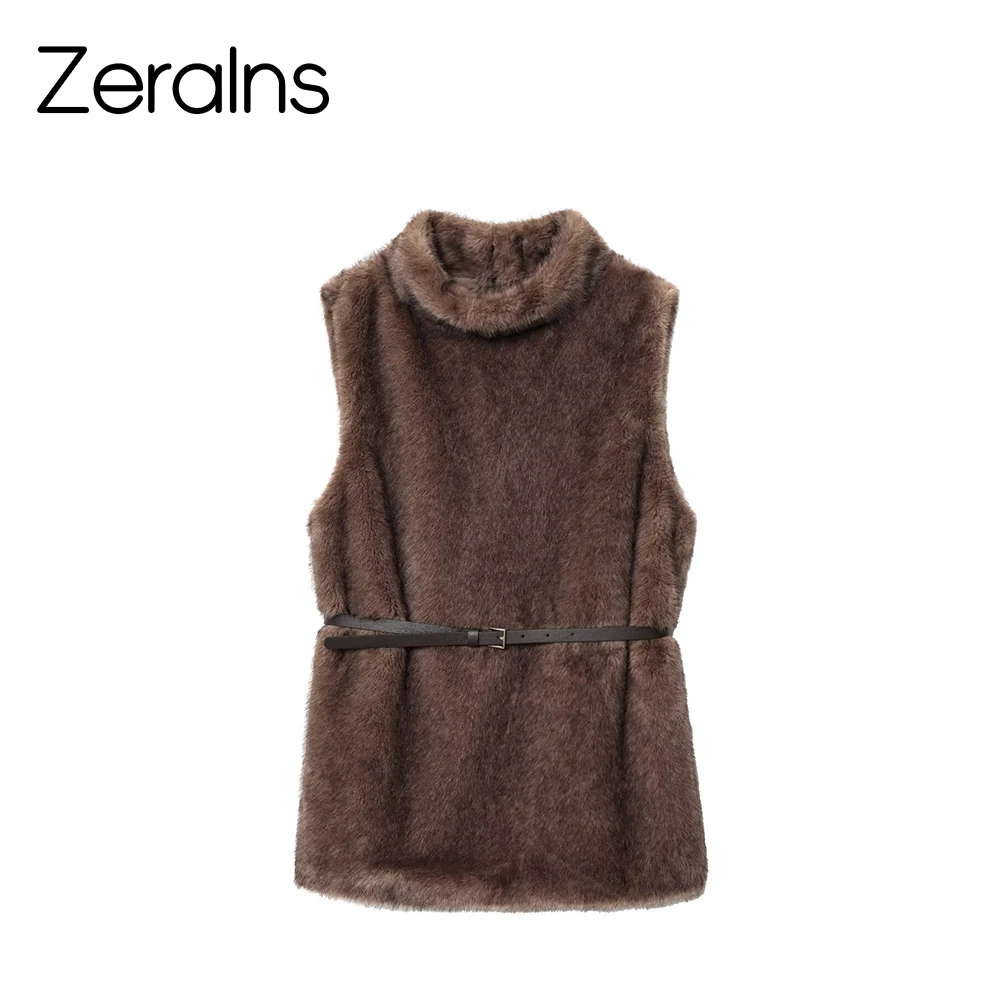 

ZERAINS 2025 autumn new women's clothing casual temperament simple artificial fur effect sleeveless jacket with belt