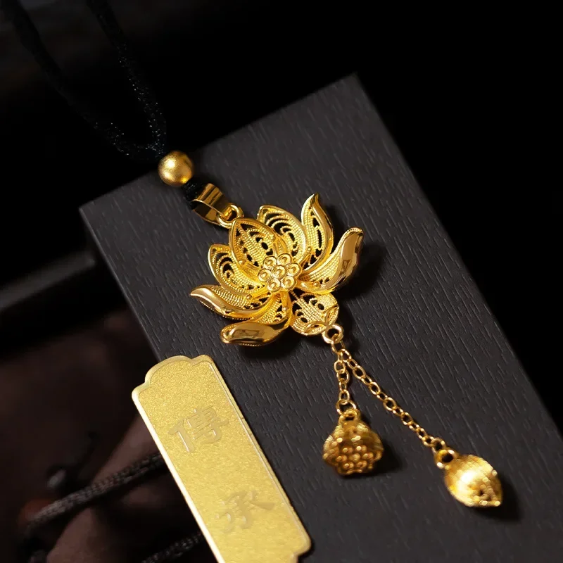 

9999 Real Gold 24K Ancient Gold Silk Lotus Pendant Premium Sense Two Worlds Love Lotus Lotus Pendant