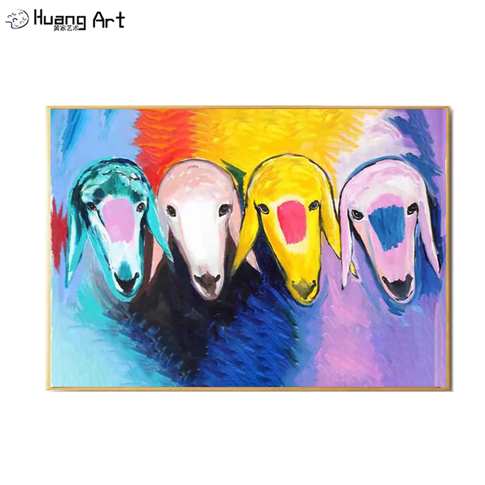 Handmade Menashe Kadishman Oil Painting on Canvas Modern Sheep Animal Painting for Room Decor Four Sheep's Heads Wall Picture