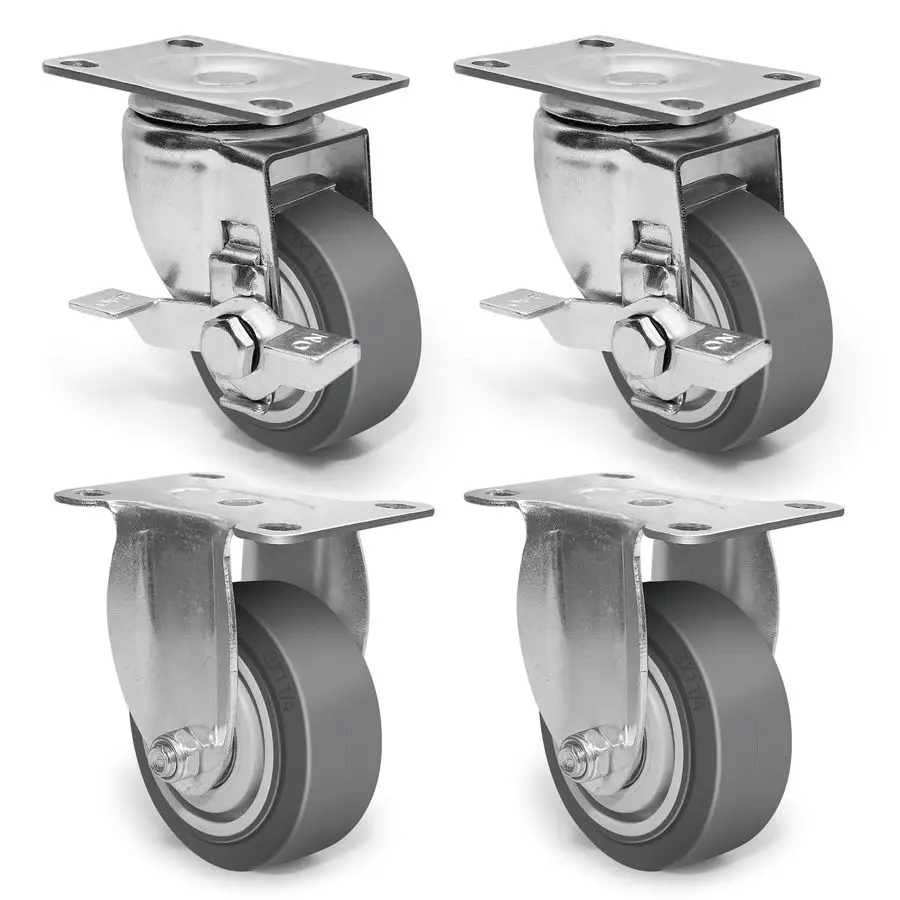 

Inch Caster Wheels, Rubber Wheels Silent Castor Set of 4 Heavy Duty Caster Wheels with Brake 1200Lbs, Industrial Plate Casters W